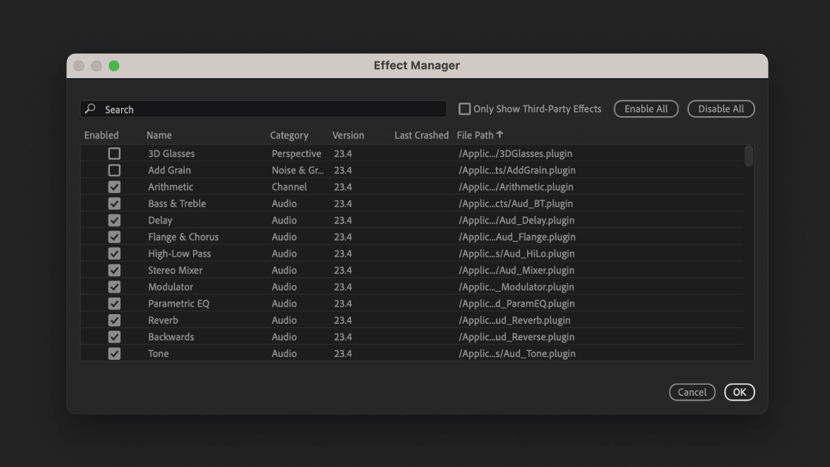 Effect Manager lists all effects, including crash details.