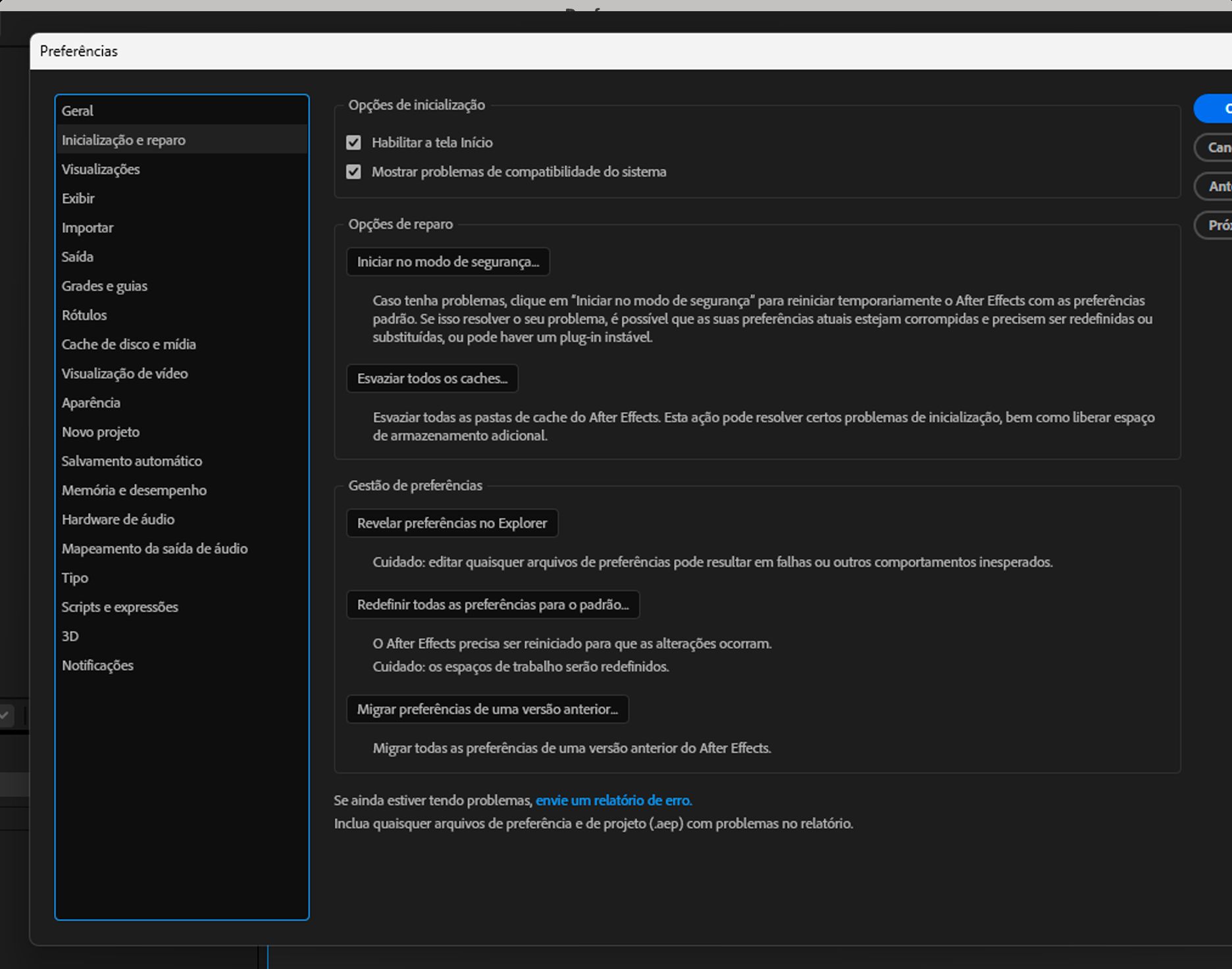 Painel Inicialização e reparo em Preferências com a opção Modo de segurança selecionada.