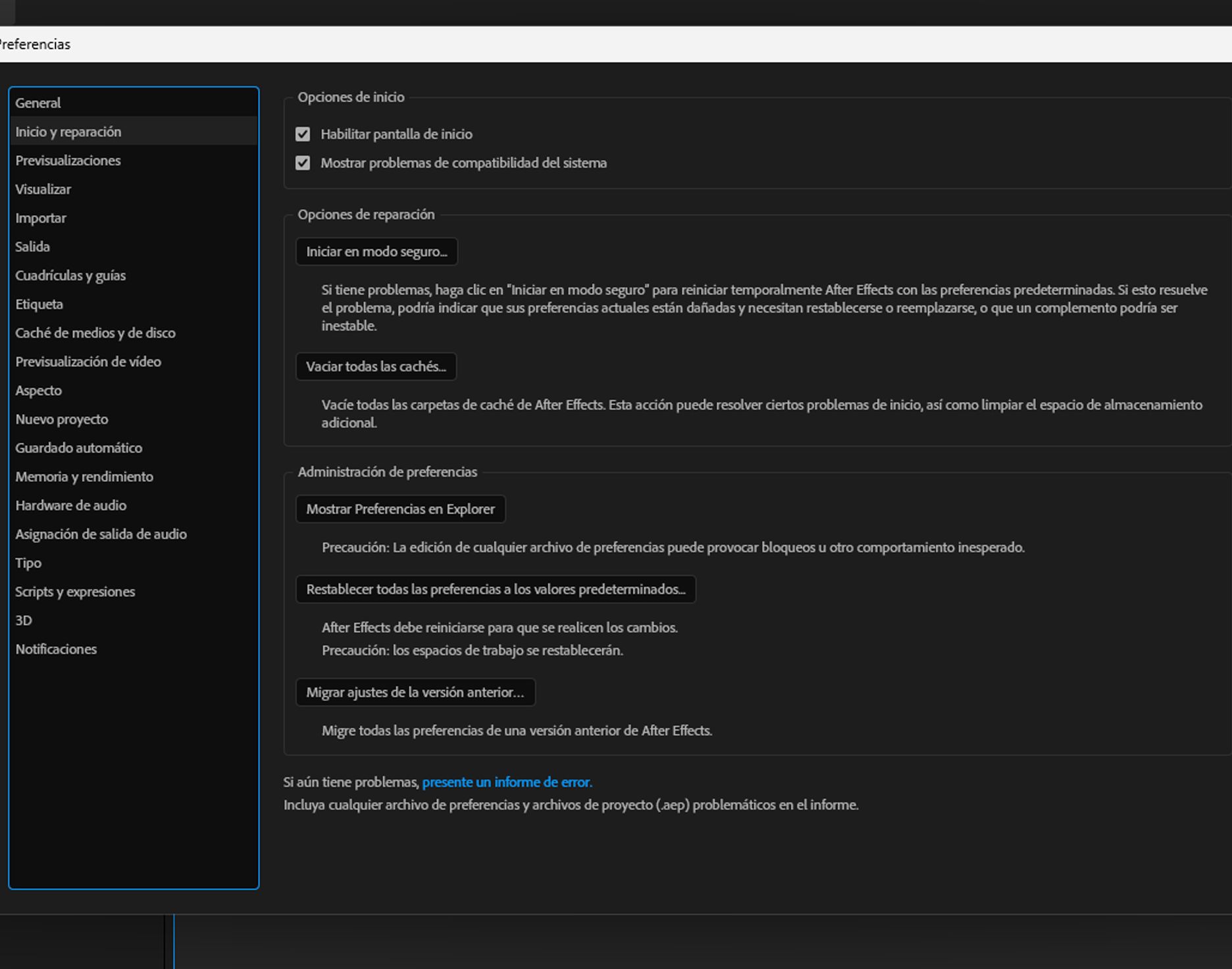 Panel Inicio y reparación en Preferencias con la opción Modo seguro seleccionada.
