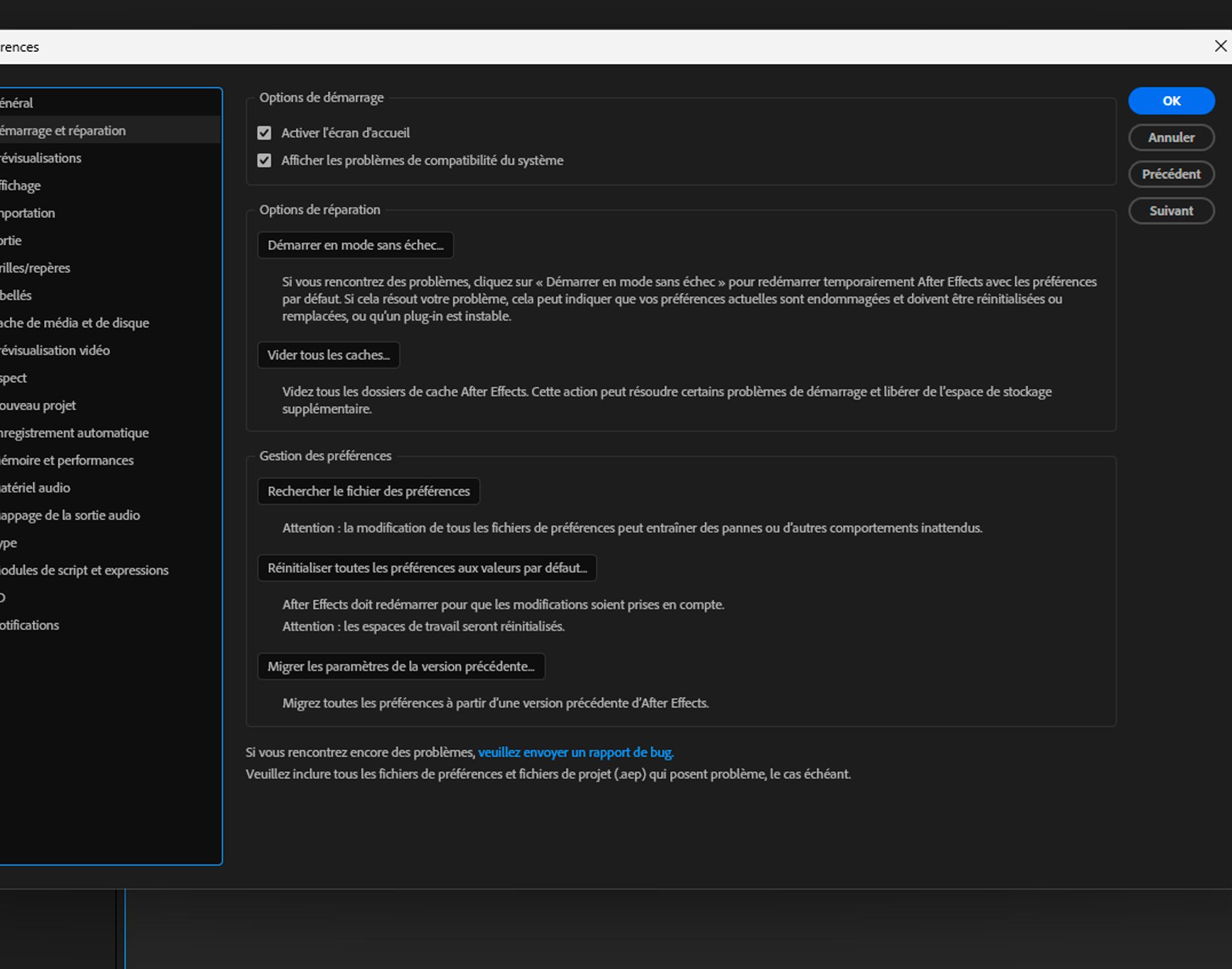 Panneau Démarrer et réparer dans les préférences avec l’option Mode sans échec sélectionnée.