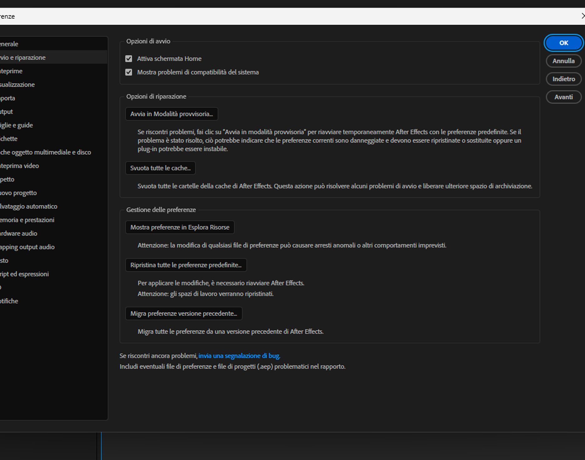 Pannello Avvio e ripristino nelle Preferenze con l’opzione Modalità provvisoria selezionata.