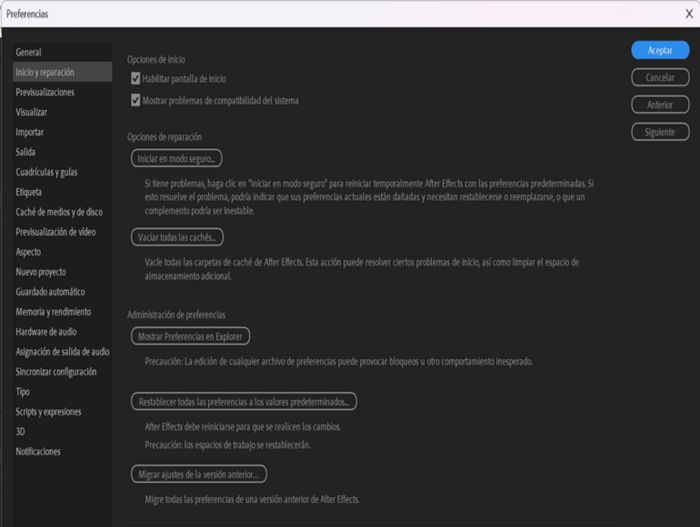 Panel Inicio y reparación en preferencias con la opción Modo seguro seleccionada.