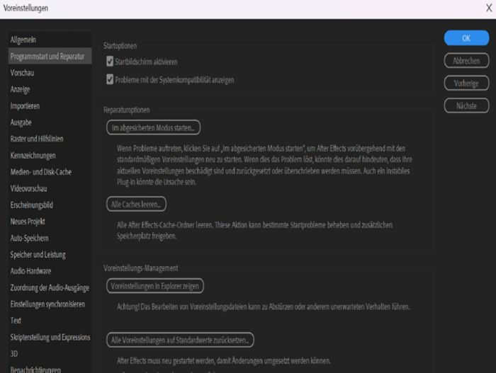 Das Bedienfeld „Systemstart und Reparatur“ in den Voreinstellungen mit ausgewählter Option „Abgesicherter Modus“.