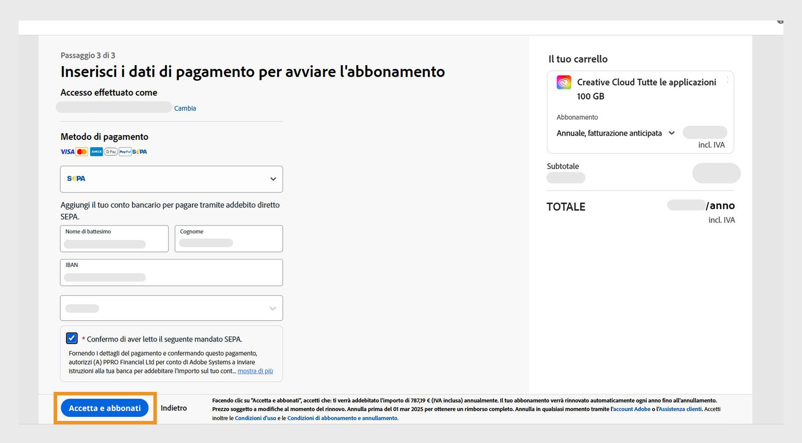 Modifica metodo pagamento