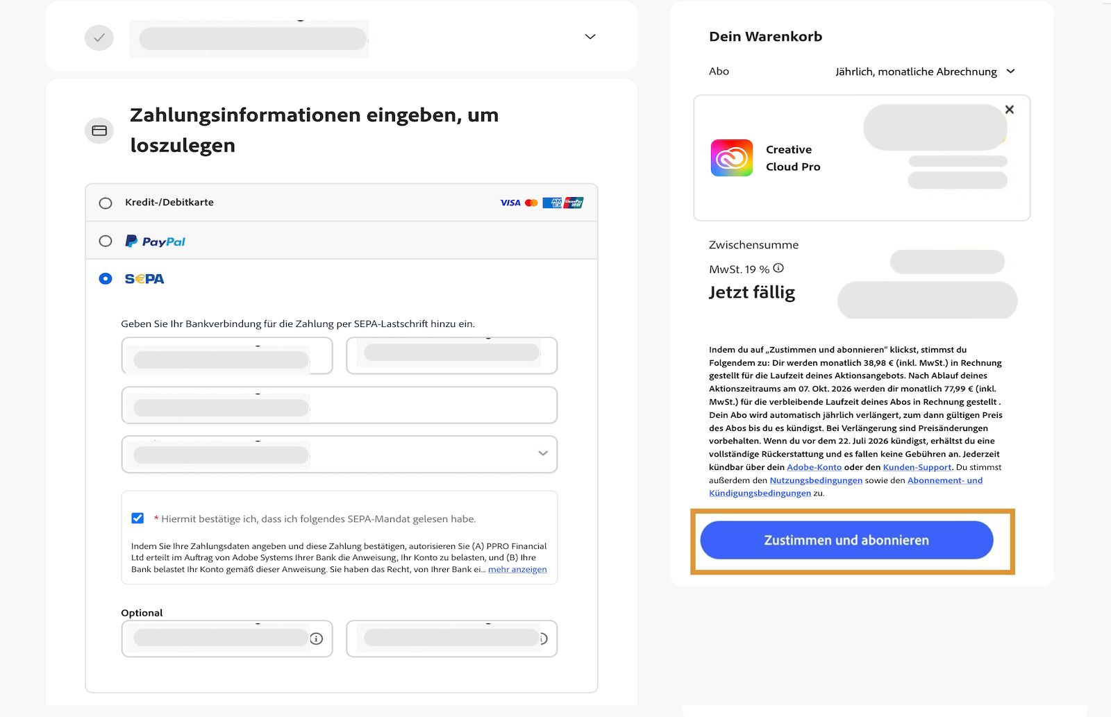 Zahlungsweise bearbeiten