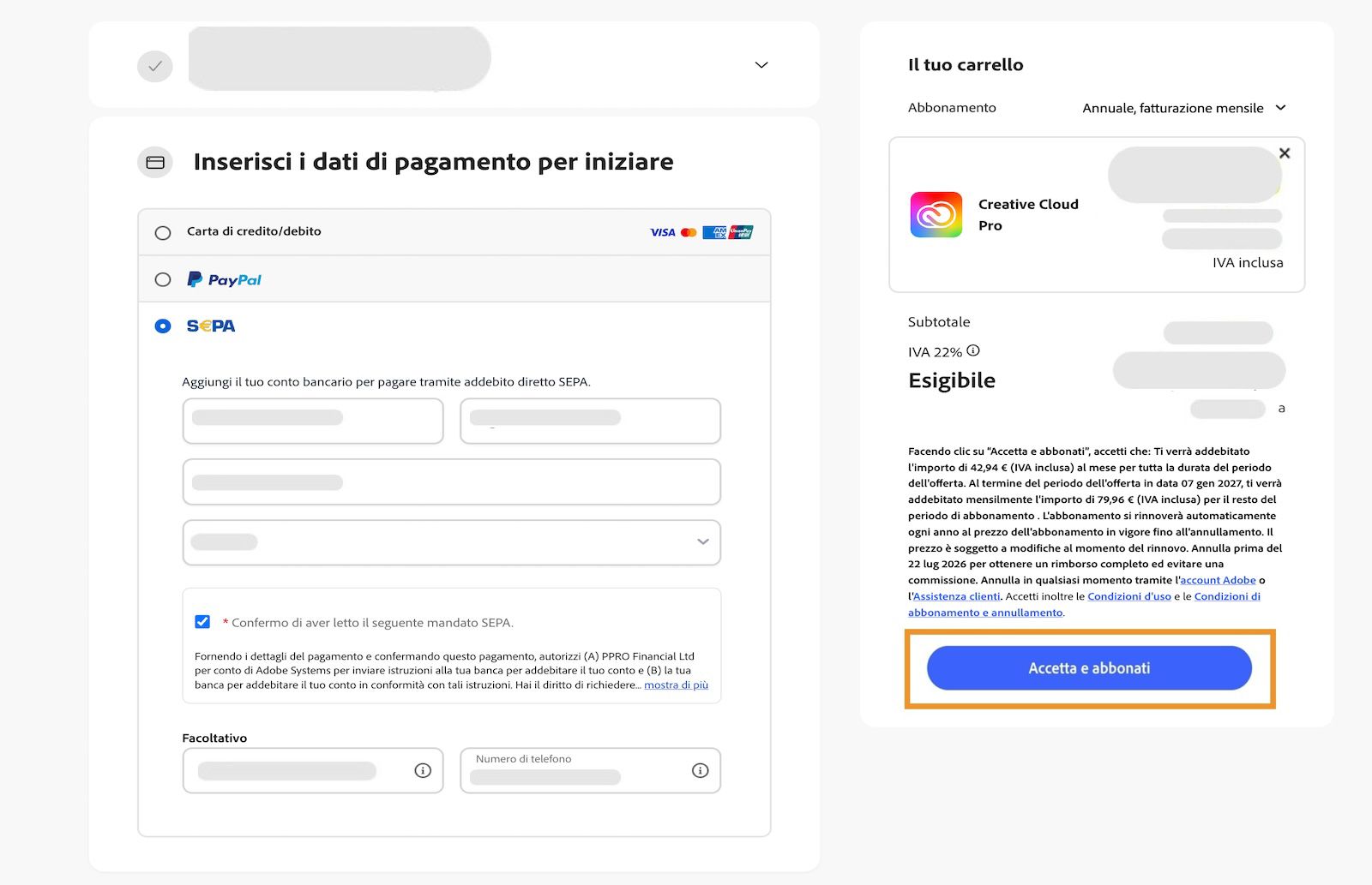 Modifica metodo pagamento