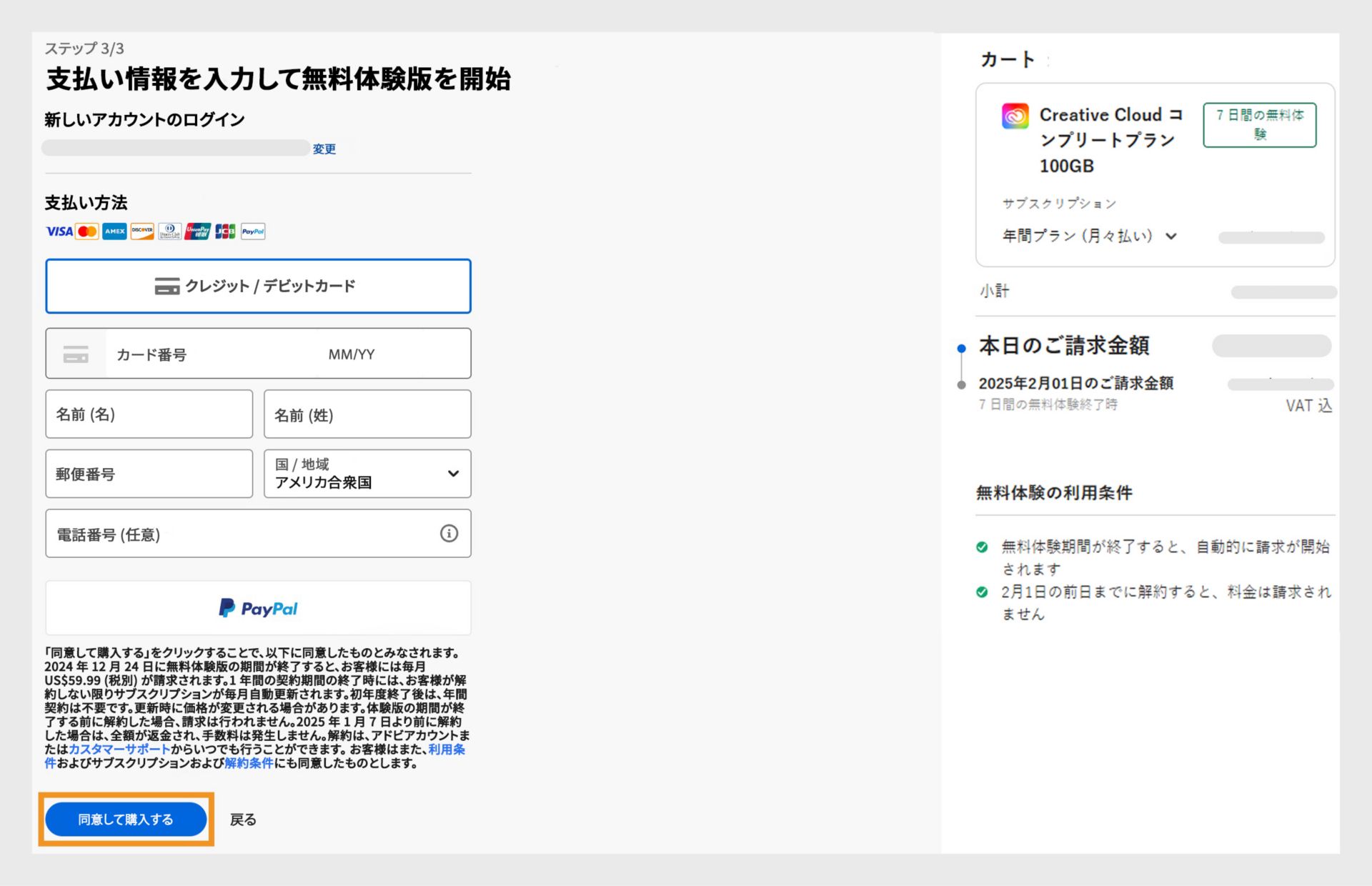 プランの詳細、支払い情報やメールアドレスを入力するフィールド、購入するか戻るオプションを表示する支払いページ。 