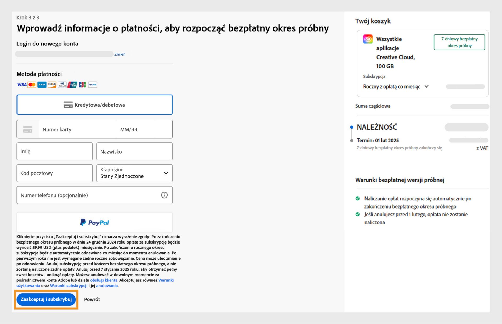 Na stronie Płatności znajdują się szczegóły Twojego planu, pola do wprowadzania informacji o płatności, Twój adres e-mail oraz opcje subskrypcji lub przejścia wstecz. 