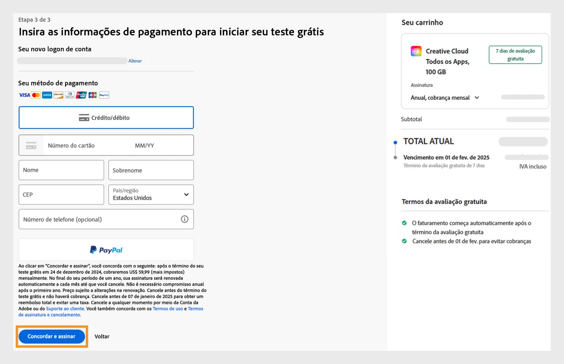 A página Pagamentos mostra os detalhes do seu plano, campos para inserir informações de pagamento, seu endereço de email e opções para assinar ou voltar. 