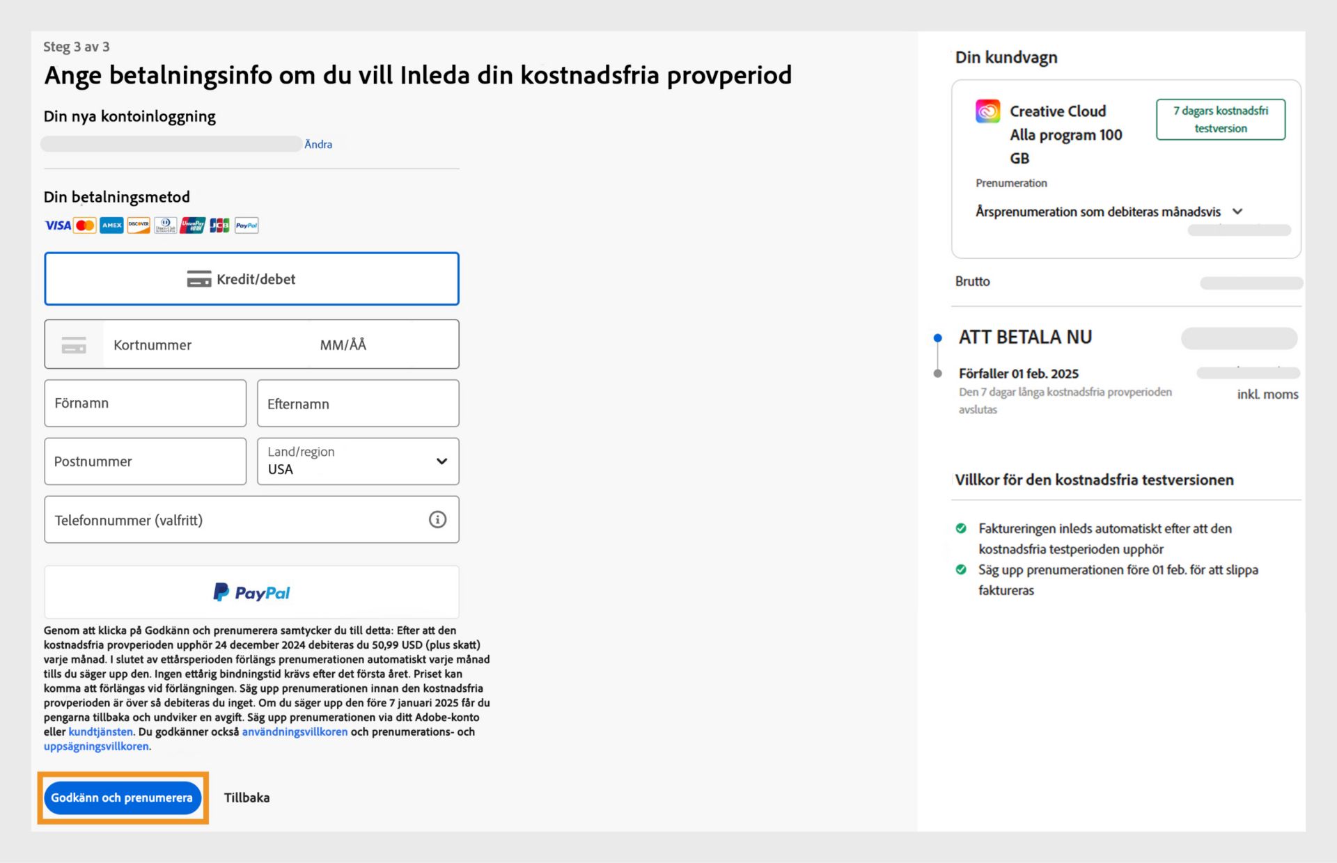 Betalningssidan med planinformation, fält för att ange betalningsuppgifter, din e-postadress och alternativ för att prenumerera eller gå tillbaka. 