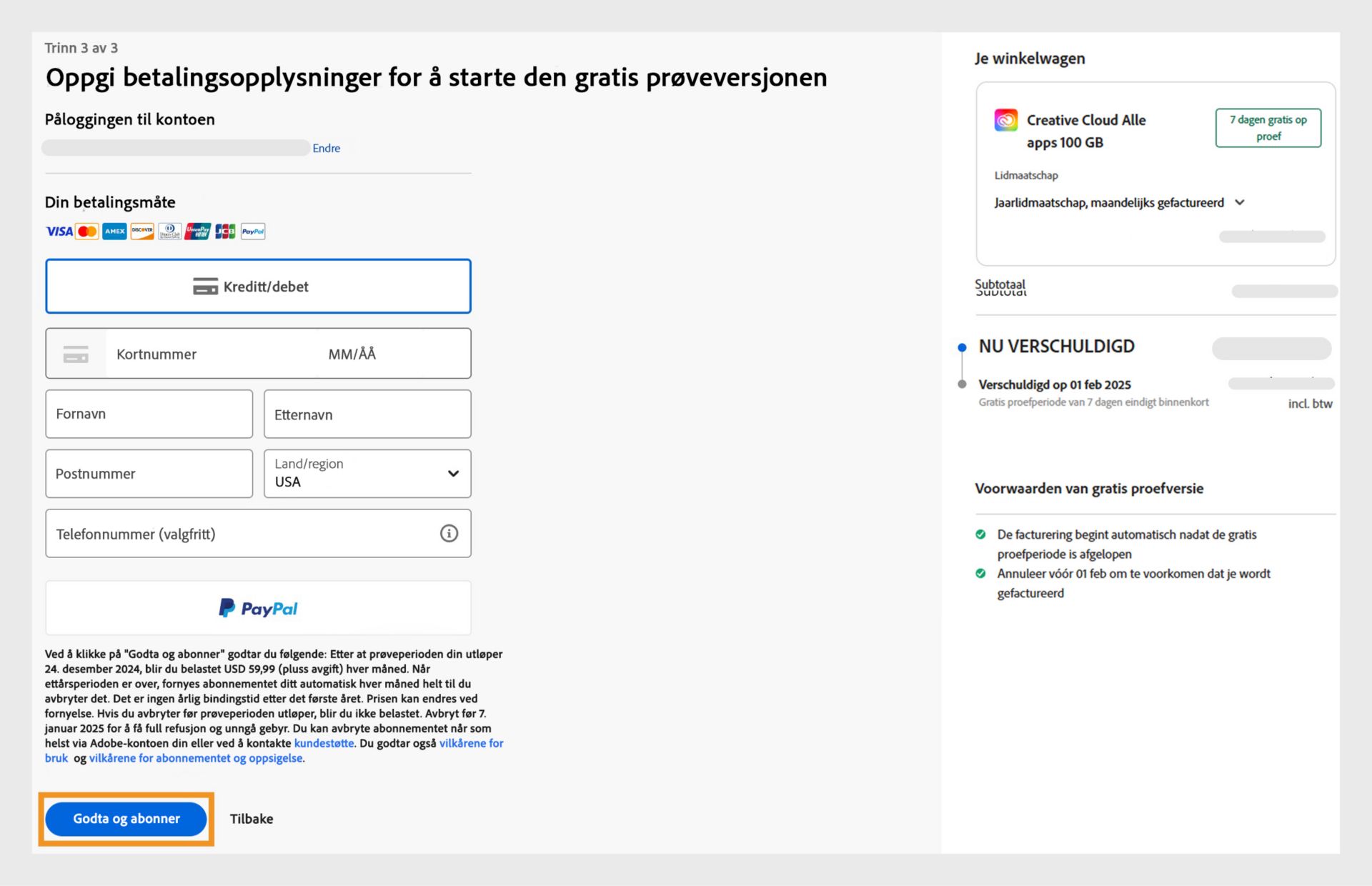 Siden &quot;Betalinger&quot; viser plandetaljer, felt for legge inn betalingsinformasjon og e-postadresse, samt alternativene Abonner og Gå tilbake. 