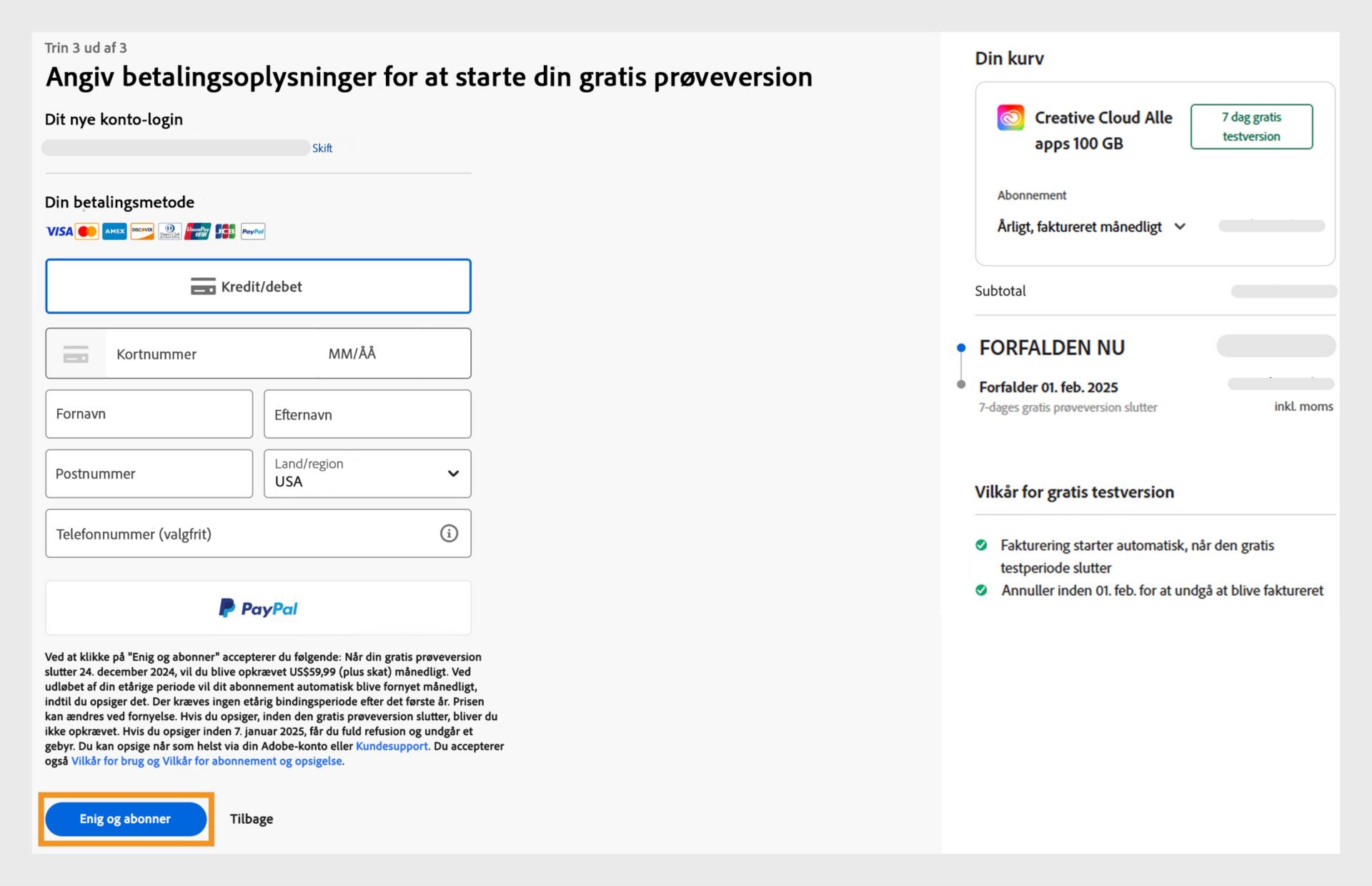 Siden Betalinger viser dine abonnementsoplysninger, felter til at indtaste betalingsoplysninger, din e-mailadresse og muligheder for at abonnere eller gå tilbage. 