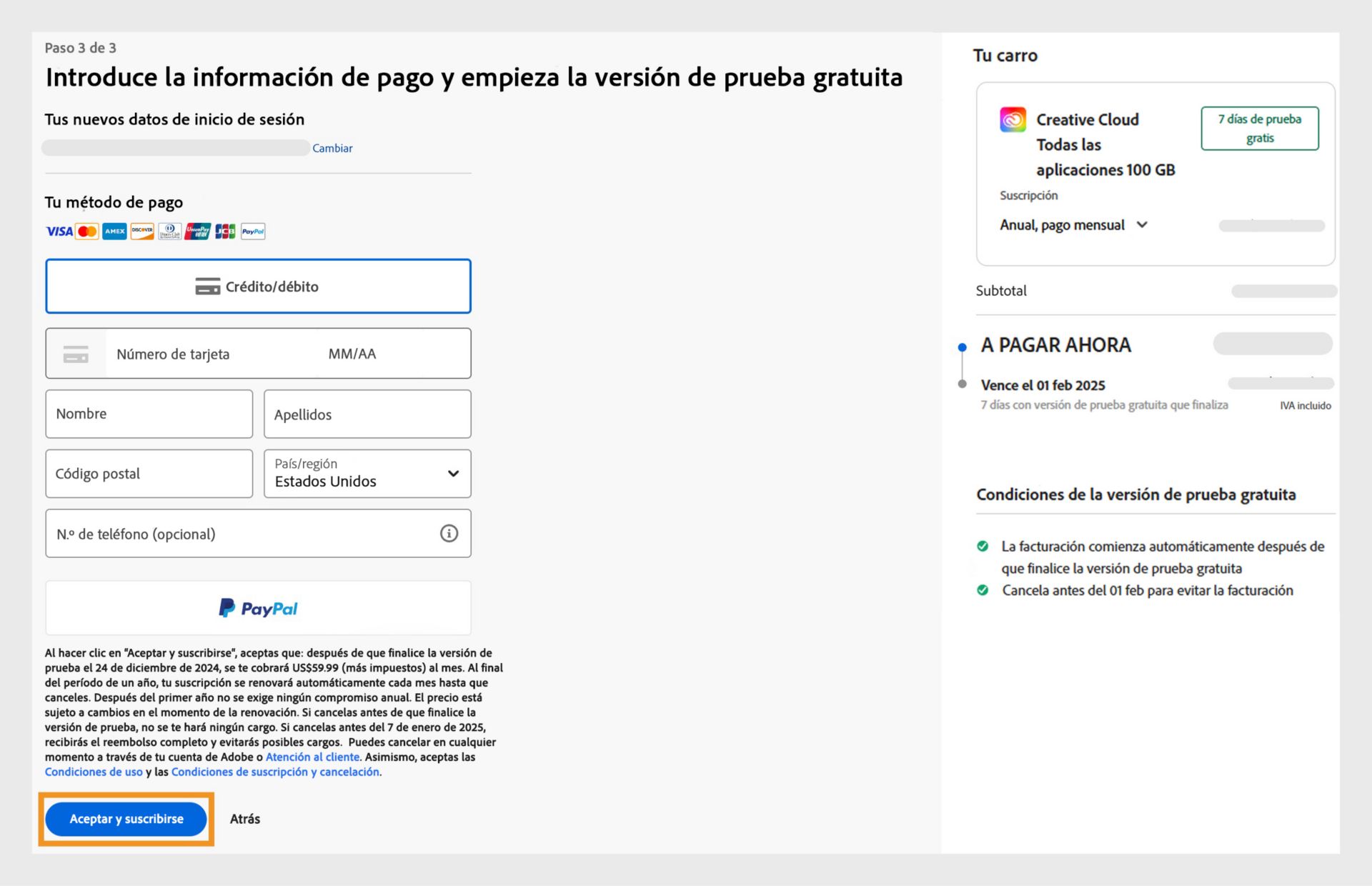 La página Pagos con los detalles del plan, los campos para introducir información de pago, la dirección de correo electrónico y las opciones para suscribirse o volver. 