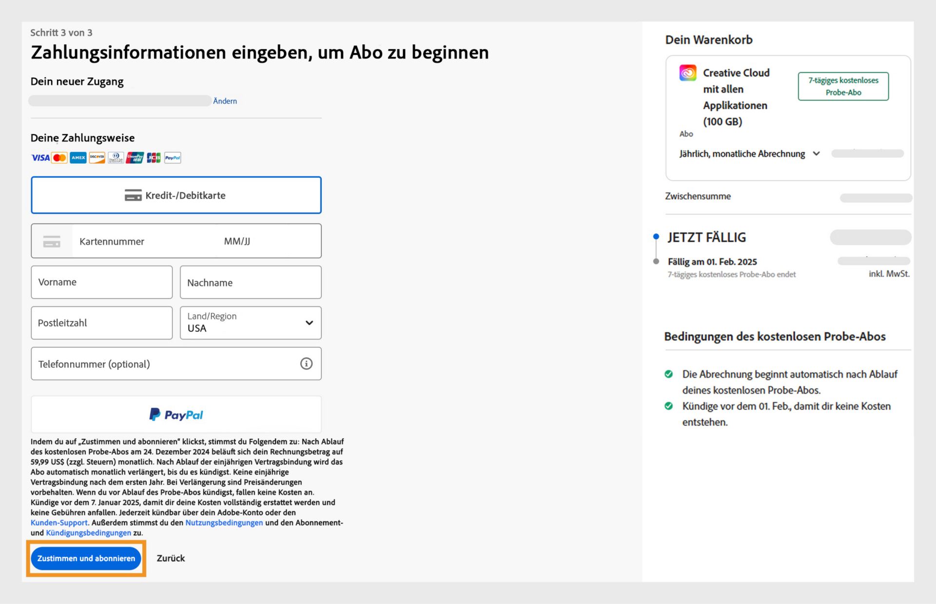 Die Seite „Zahlungen“ mit deinen Abonnementdetails, Feldern zur Eingabe der Zahlungsinformationen, deiner E-Mail-Adresse und den Schaltflächen „Zustimmen und abonnieren“ und „Zurück“. 