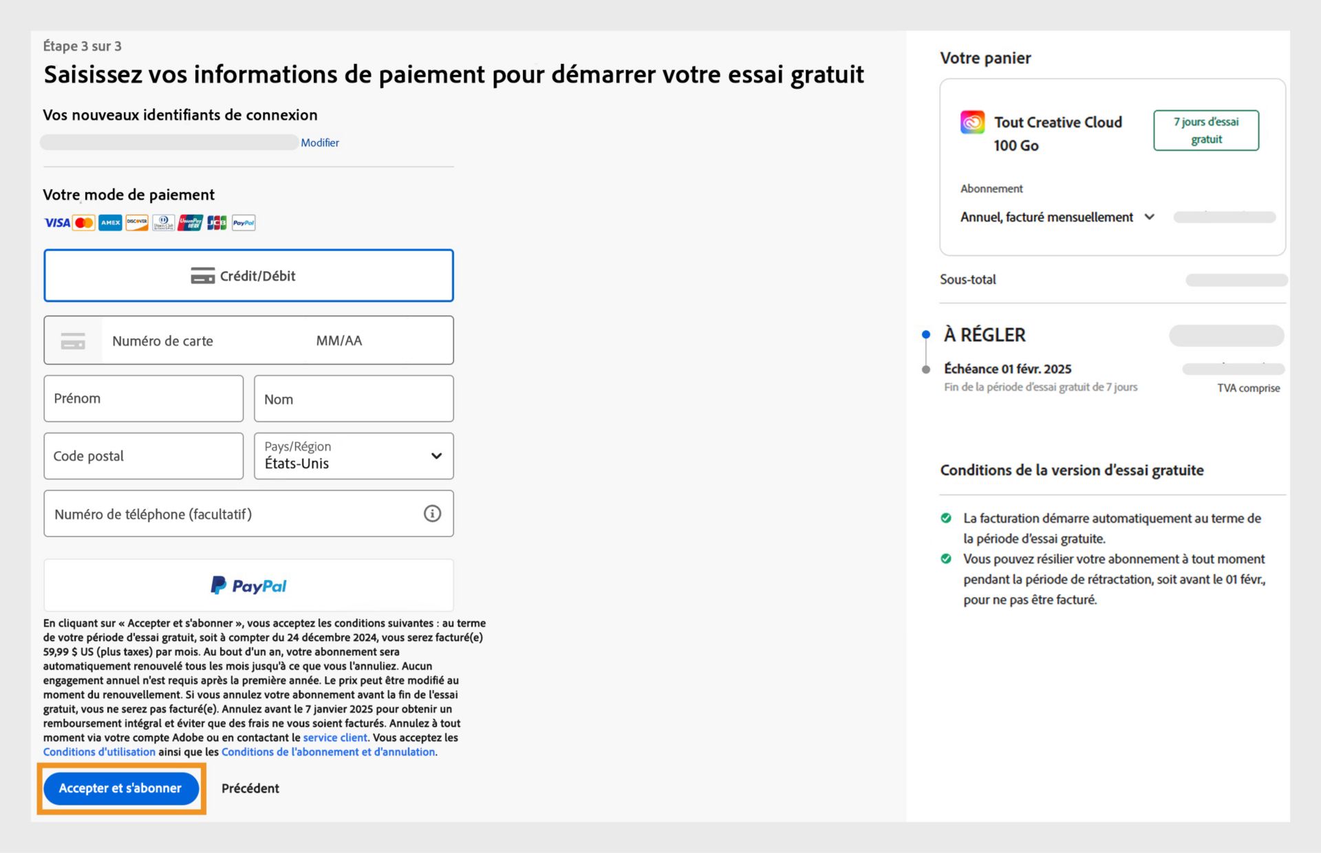 La page Paiements affichant les détails de votre formule, les champs pour saisir les informations de paiement, votre adresse e-mail et les options pour vous abonner ou revenir en arrière. 