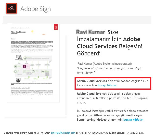 Alınan e-postadaki sözleşme bağlantısı