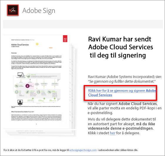 Kobling til avtalen mottatt i e-post
