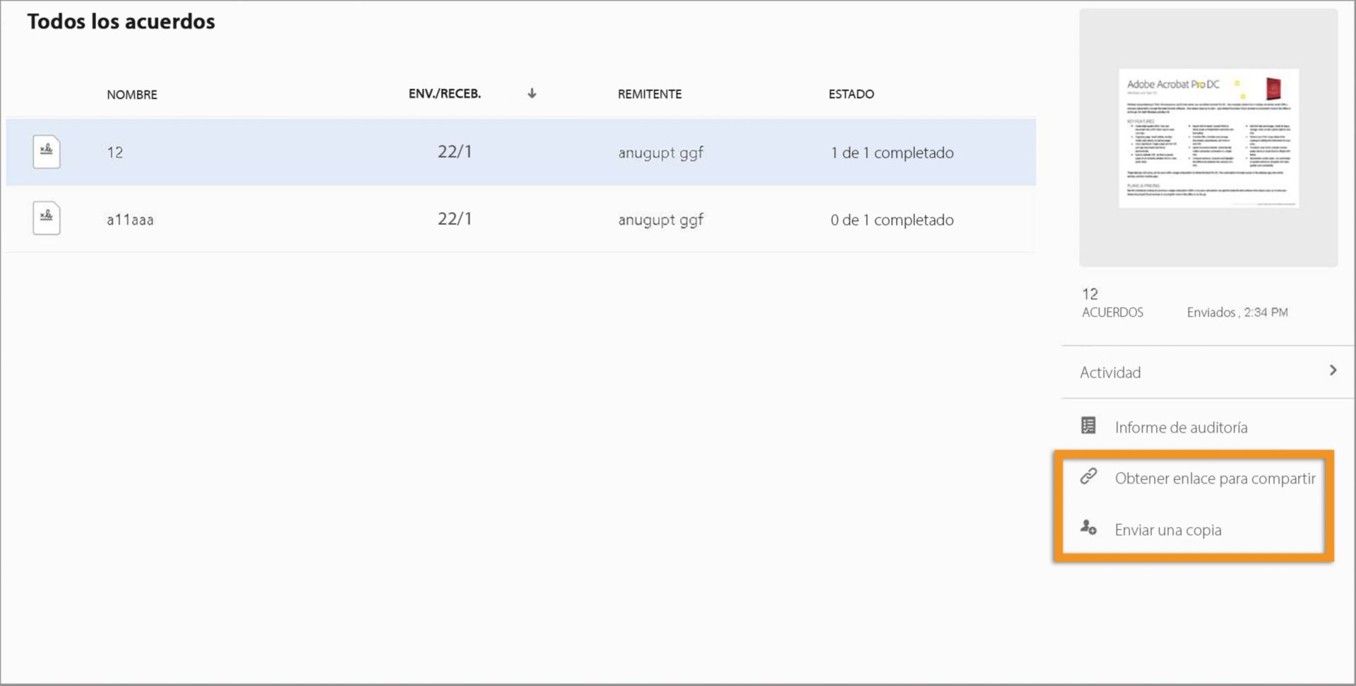 Compartir acuerdos archivados