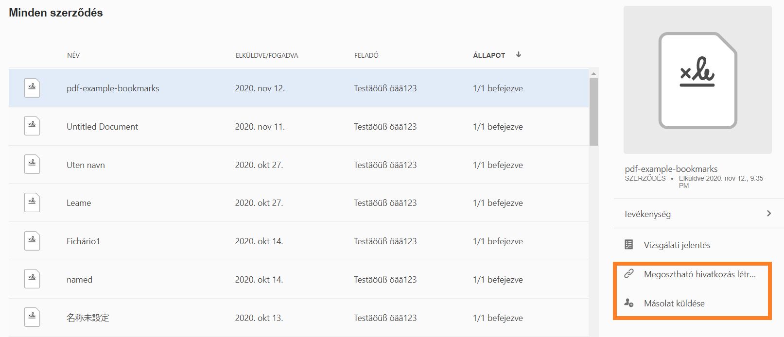 Archivált szerződések megosztása