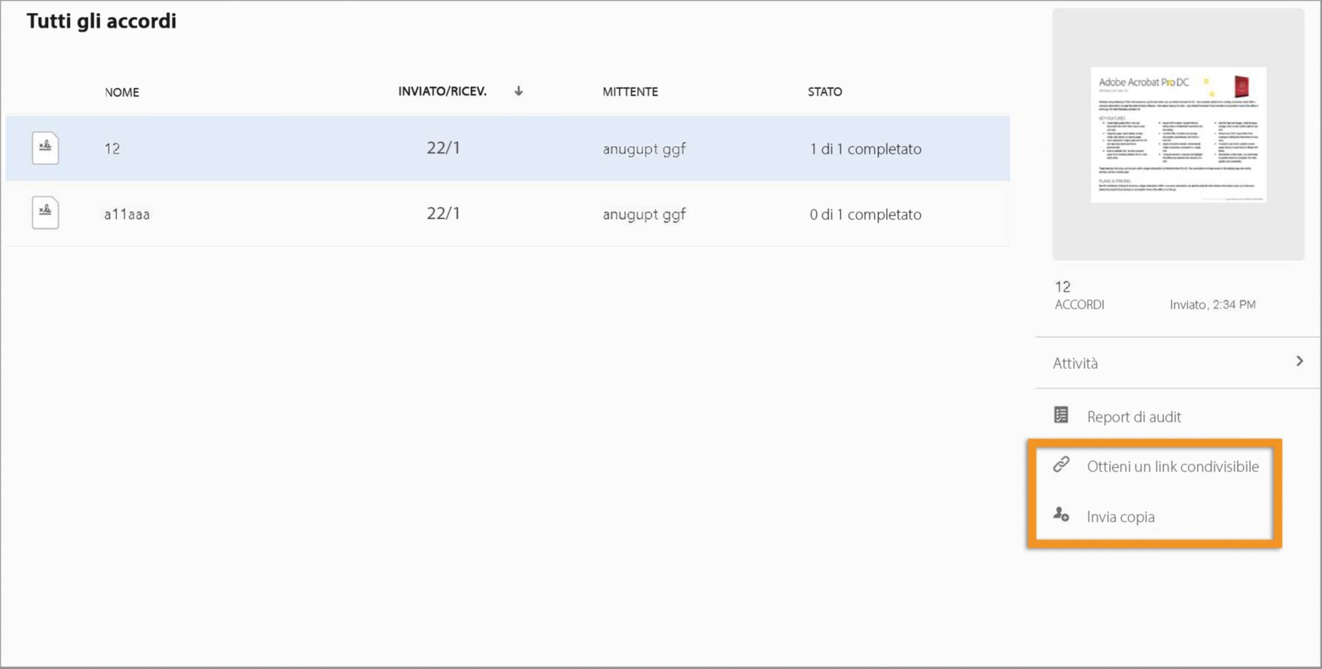 Condividere gli accordi archiviati