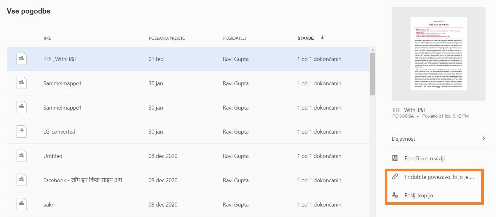 Deljenje arhiviranih pogodb