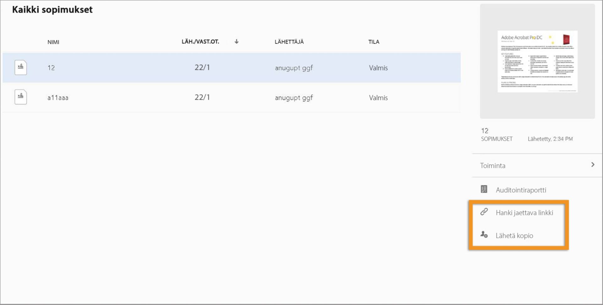 Arkistoitujen sopimusten jakaminen