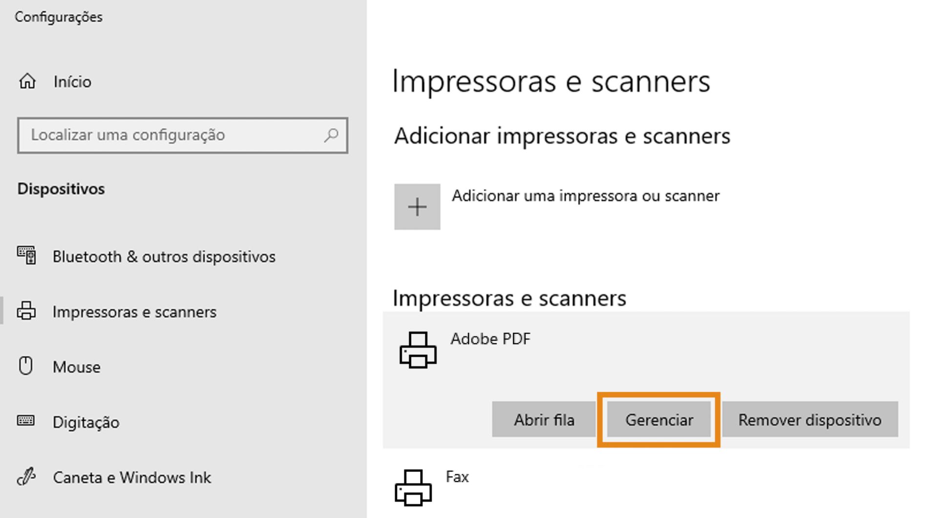 Selecione Adobe PDF e defina-o como a impressora padrão.