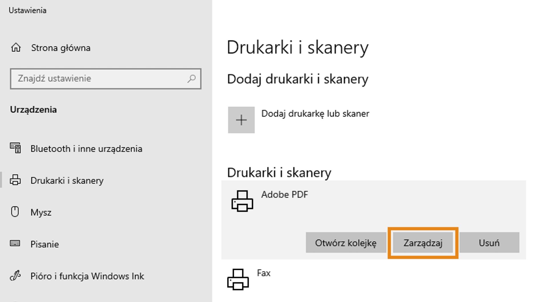 Wybierz pozycję Adobe PDF, a następnie ustaw ją jako drukarkę domyślną.