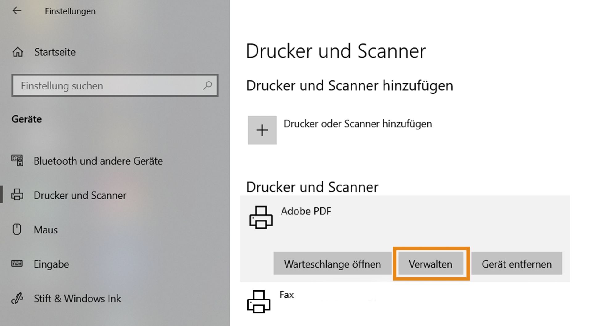 Wählen Sie Adobe PDF und legen Sie dies als Standarddrucker fest.