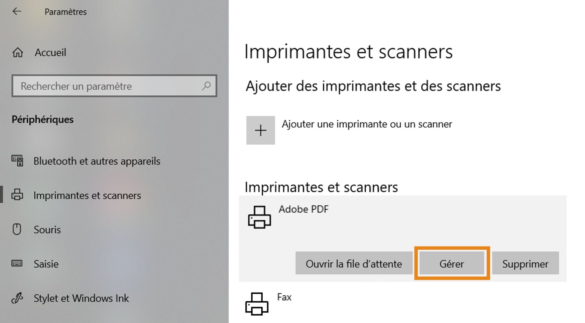 Sélectionnez Adobe PDF, puis définissez-le comme imprimante par défaut.