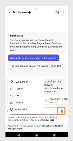 Tekoälyavustaja-paneeli, jossa näkyy äänikuvake ääneen perustuvia kysymyksiä varten.