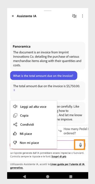 Pannello dell’Assistente IA che mostra un’icona vocale per le domande basate su voce