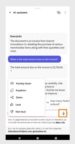 Het deelvenster AI-assistent met een spraakpictogram voor spraakgestuurde vragen.