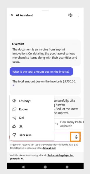 AI Assistant-panelet som viser et taleikon for stemmebaserte spørsmål.