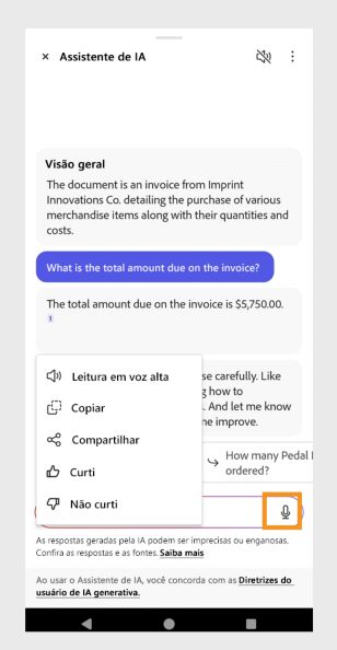 Painel do Assistente de IA, mostrando um ícone de voz para perguntas de voz.