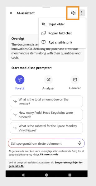 Menuen Indstillinger vises i øverste højre hjørne af panelet AI-assistent. 