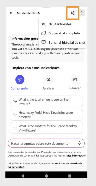 El menú Opciones aparece en la esquina superior derecha del panel del Asistente de IA. 