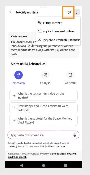 Asetukset-valikko näkyy Tekoälyavustaja-paneelin oikeassa yläkulmassa. 