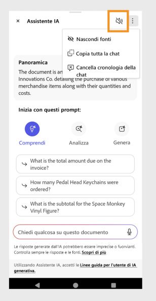 Il menu delle opzioni è disponibile nell’angolo in alto a destra del pannello Assistente IA. 