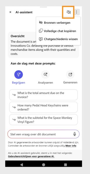 Het menu Opties wordt weergegeven in de rechterbovenhoek van het deelvenster AI-assistent. 