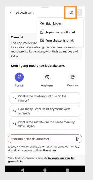 Menyen med alternativer vises øverst til høyre i panelet AI Assistant. 