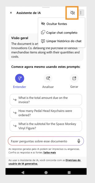 O menu “Opções” aparece no canto superior direito do painel do Assistente de IA. 