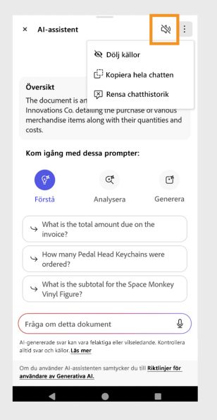 Alternativ-menyn visas i det övre högra hörnet på panelen AI-assistent. 