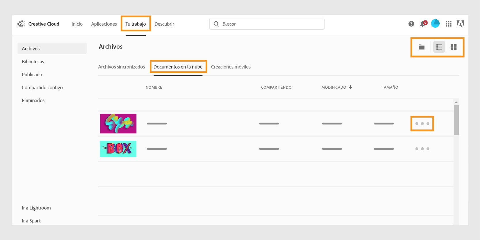 Organizar documentos en la nube desde el sitio web de Creative Cloud