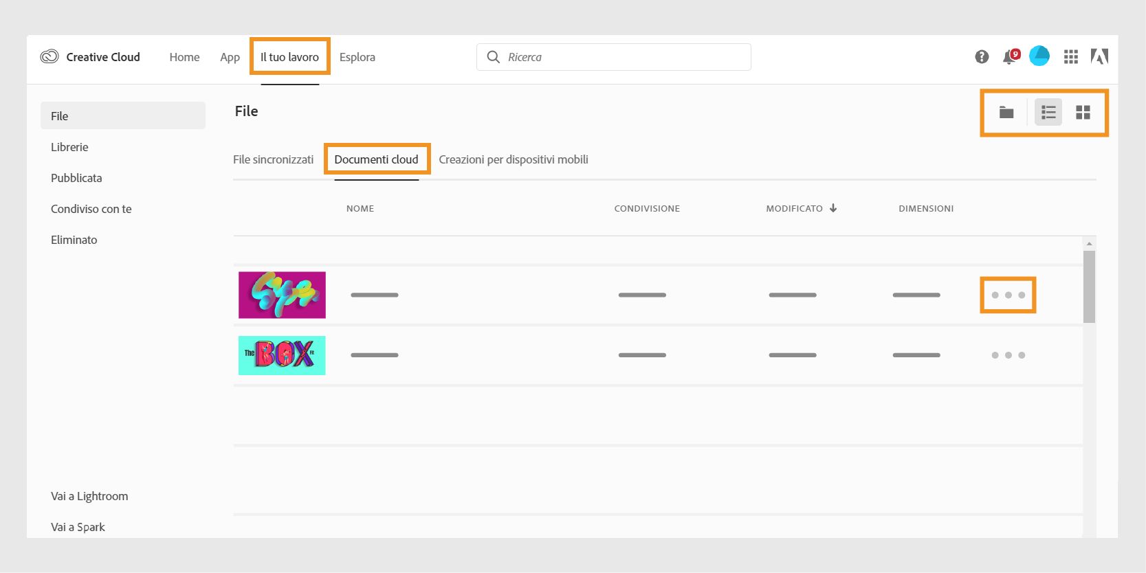 Organizzare i documenti cloud dal sito Web di Creative Cloud