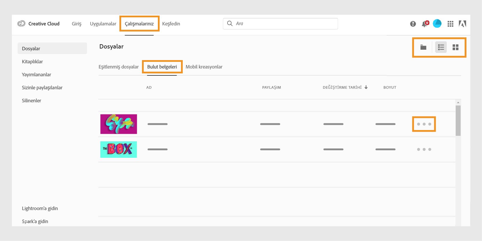 Creative Cloud web sitesinden bulut belgelerini düzene koyun