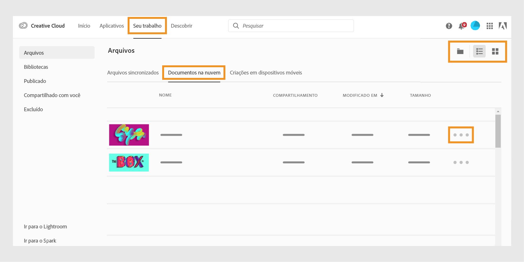 Organizar documentos na nuvem no site da Creative Cloud