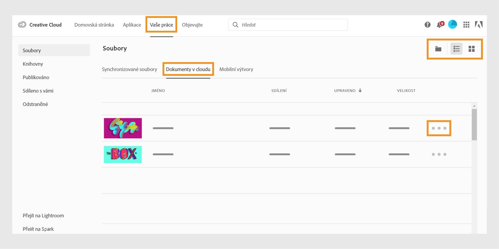 Uspořádání dokumentů v cloudu na webu Creative Cloud