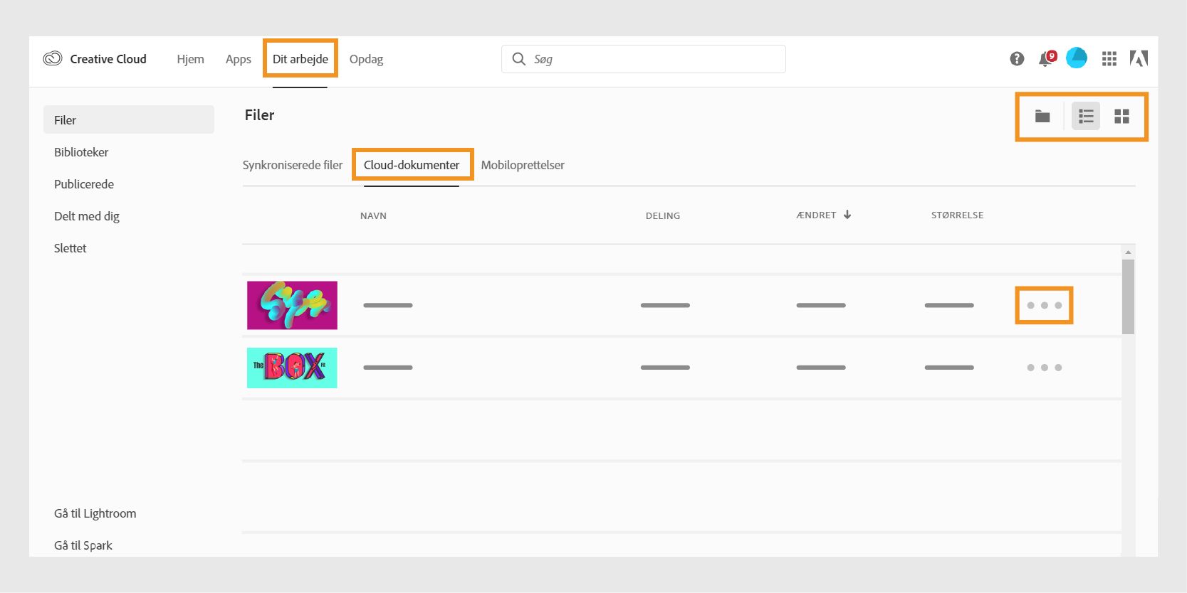 Organiser cloud-dokumenter fra Creative Cloud-webstedet