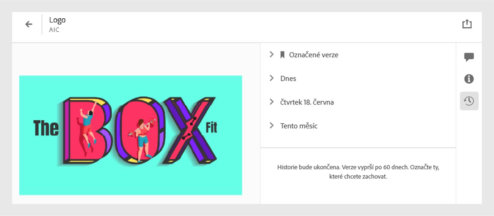Historie verzí na webu Creative Cloud